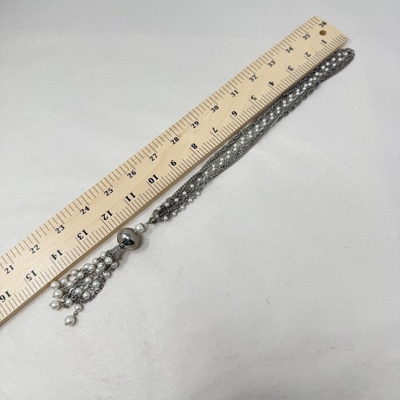 Vintage‎ Tassel Necklace Faux Pearl Silver-Tone Multi-Strand Chains Classic - Picture 8 of 8